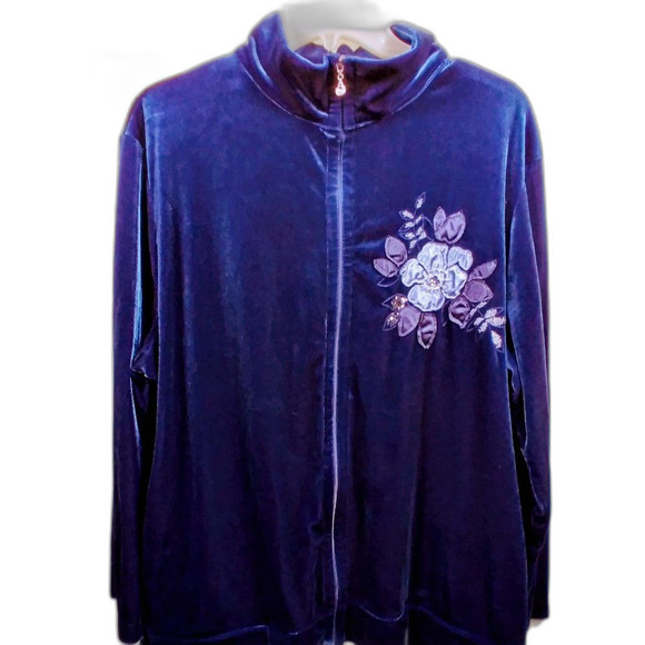 Jaclyn Smith Blue Floral Applique Velveteen Zip Up Jacket XL-XXL - Picture 10 of 10